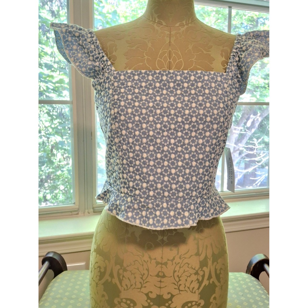 Kirious Los Angeles Blue White Floral Eyelet Ruffle Tie Back Crop Top Medium NWT